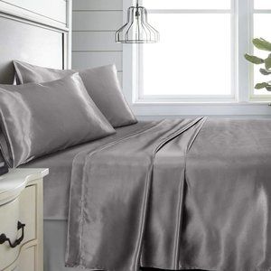 Silky Grey Satin Bed Sheet Set - Luxury Soft Bedding